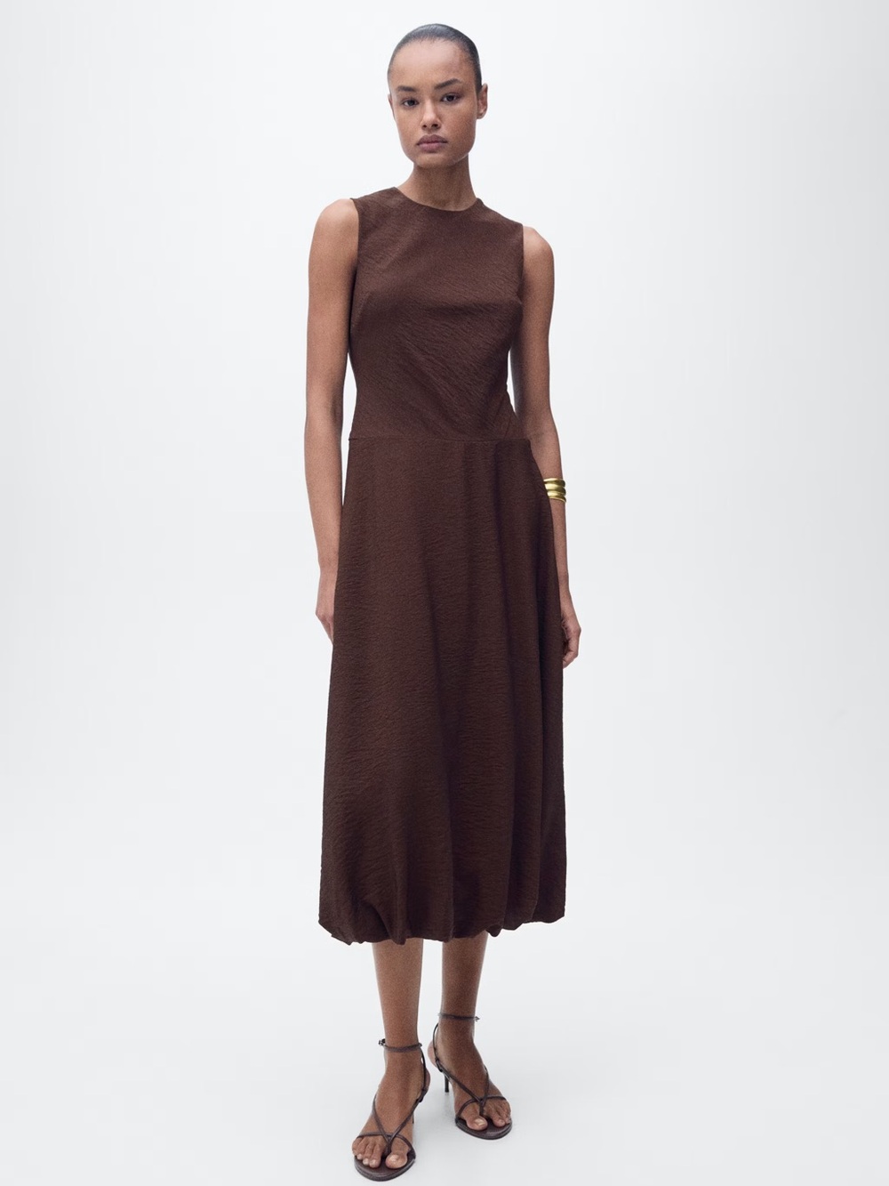 Mango Brown midi dress with puffed hem NWT